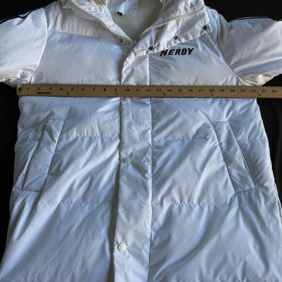 NERDY Coat Small White Long Hooded Down Puffer Parka Stripe Logo Full Zip - Picture 12 of 14
